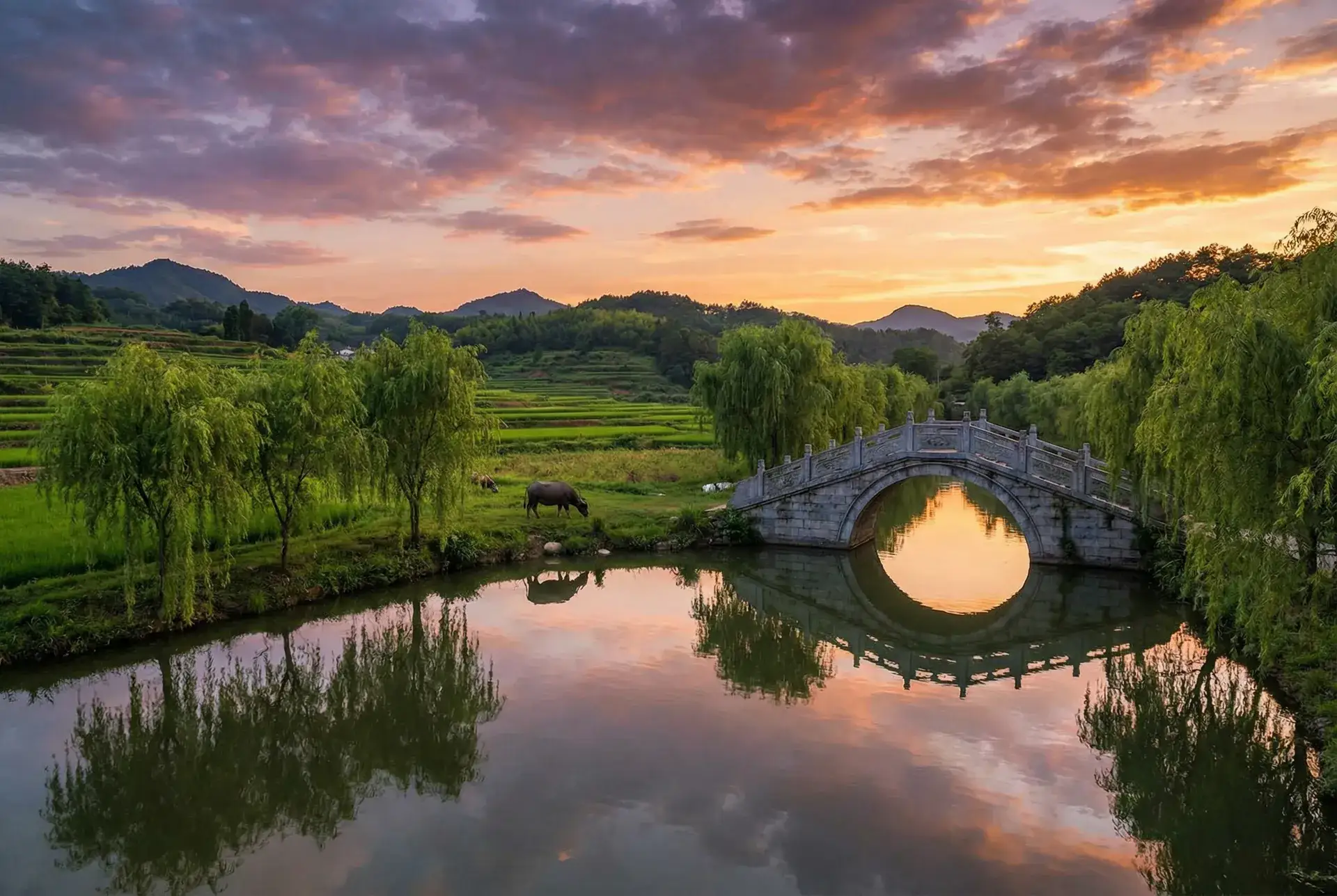 夕阳下的石拱桥与垂柳，水牛在河边吃草 - 绿巨人app下载安装 乡村美景